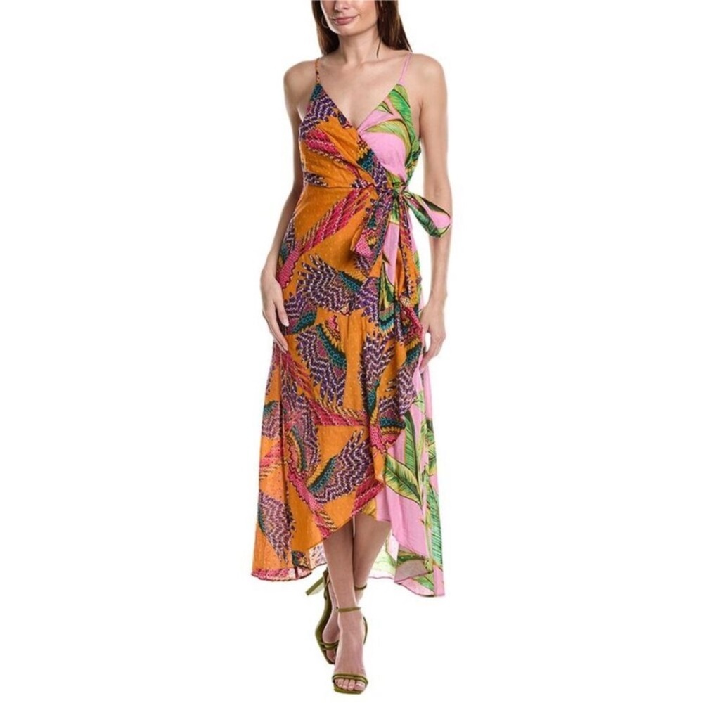 Farm Rio MIXED PRINTS MIDI WRAP DRESS  Sz MEDIUM BEADED MACAWS PINK FOLIAGE - Picture 15 of 15